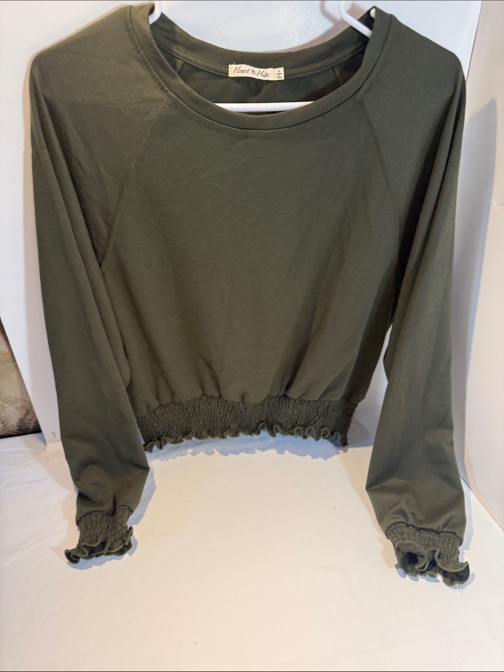 Heart Hips Olive Green Cropped Smocked-Hem top